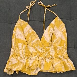 Yellow Leaf Print Halter Tank Top